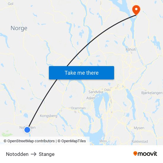 Notodden to Stange map