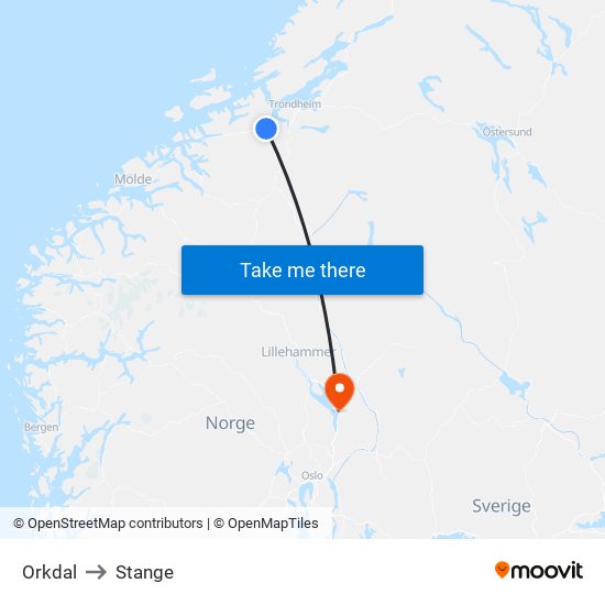 Orkdal to Stange map
