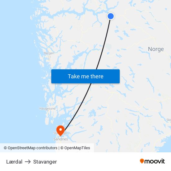 Lærdal to Stavanger map