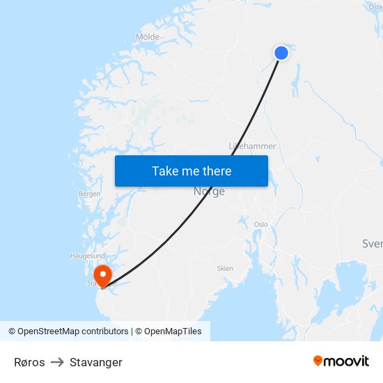 Røros to Stavanger map