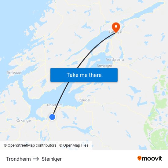 Trondheim to Steinkjer map