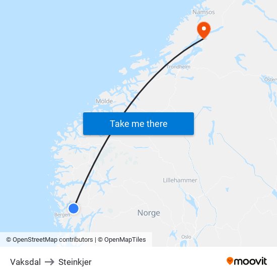 Vaksdal to Steinkjer map