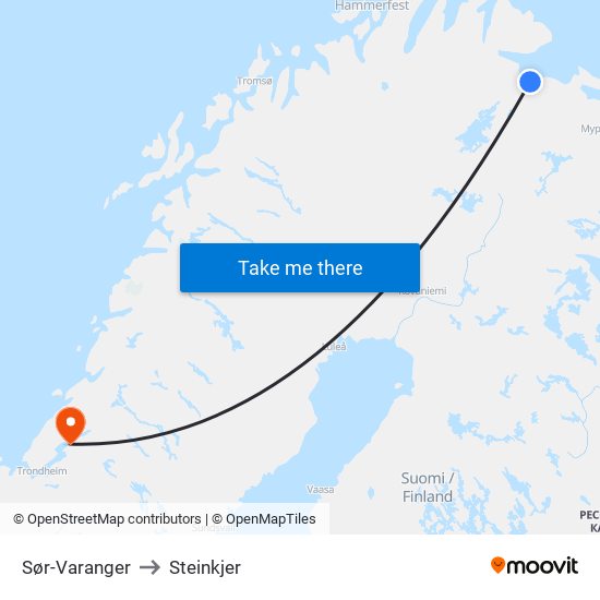 Sør-Varanger to Steinkjer map