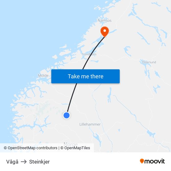 Vågå to Steinkjer map