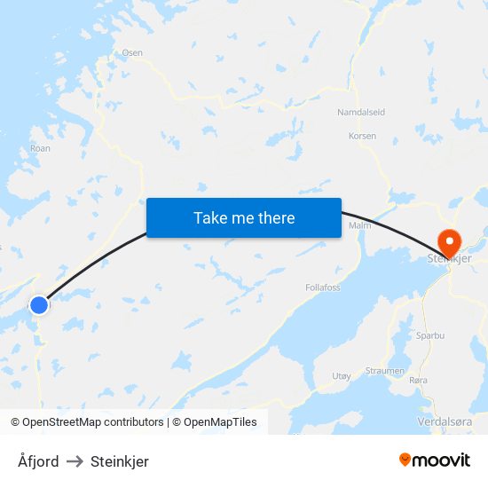 Åfjord to Steinkjer map