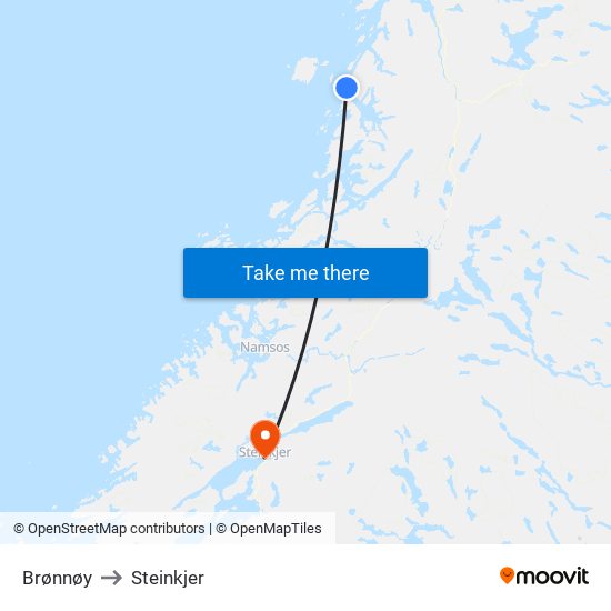 Brønnøy to Steinkjer map