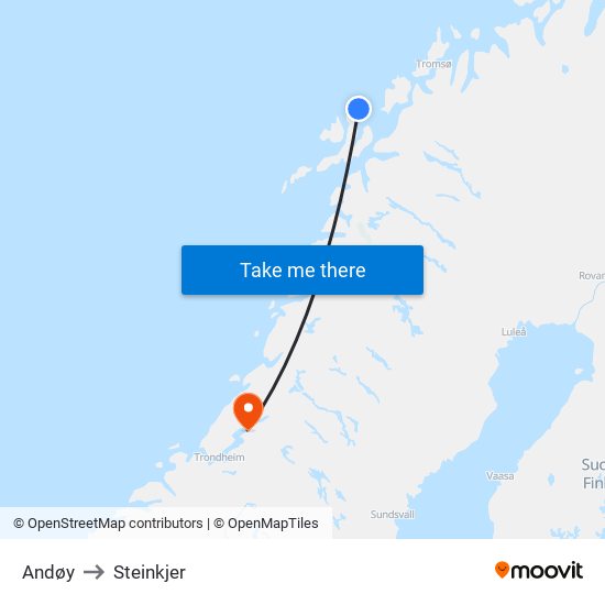 Andøy to Steinkjer map