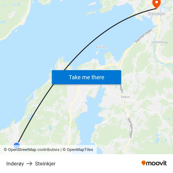 Inderøy to Steinkjer map