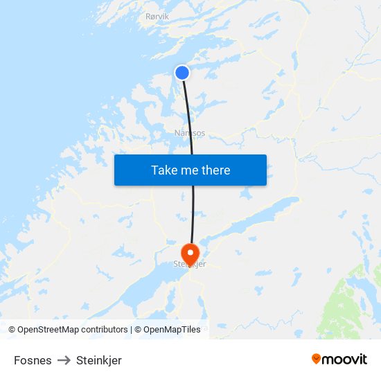 Fosnes to Steinkjer map