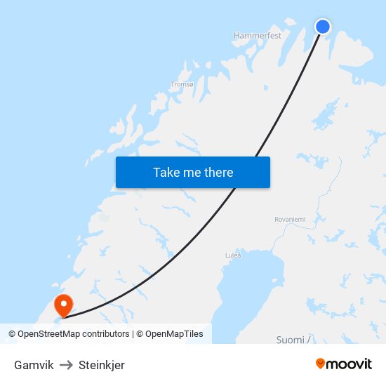 Gamvik to Steinkjer map