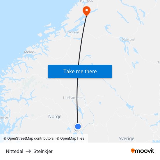 Nittedal to Steinkjer map