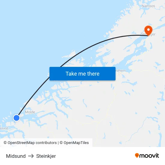 Midsund to Steinkjer map