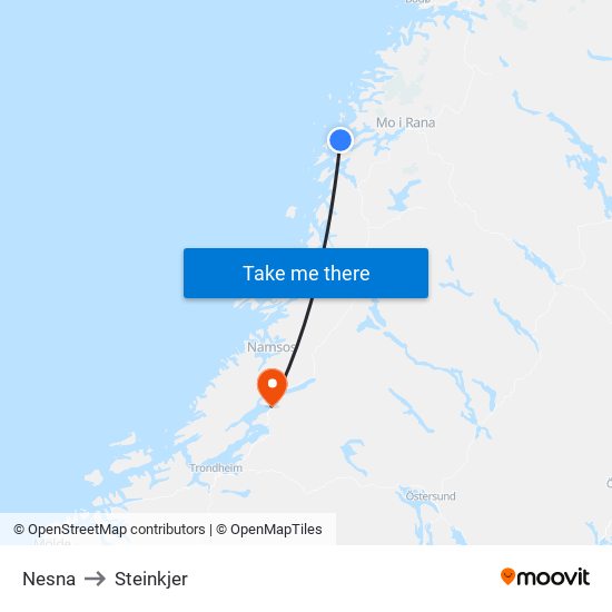 Nesna to Steinkjer map