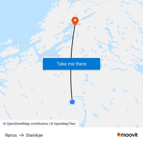 Røros to Steinkjer map