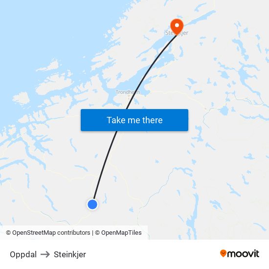 Oppdal to Steinkjer map