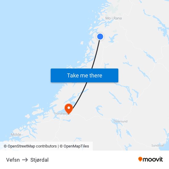 Vefsn to Stjørdal map