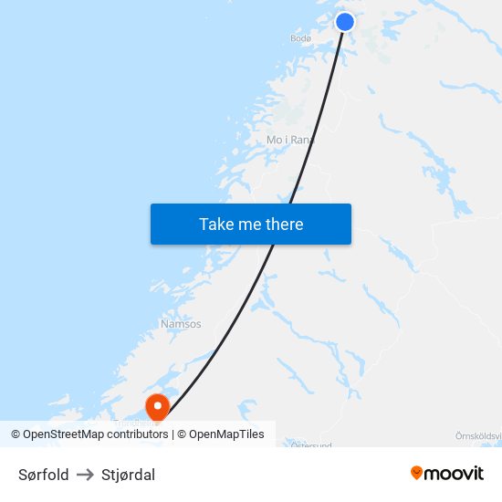 Sørfold to Stjørdal map