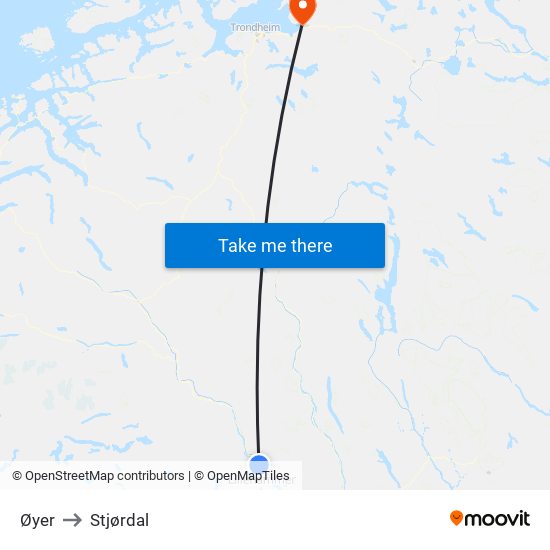 Øyer to Stjørdal map