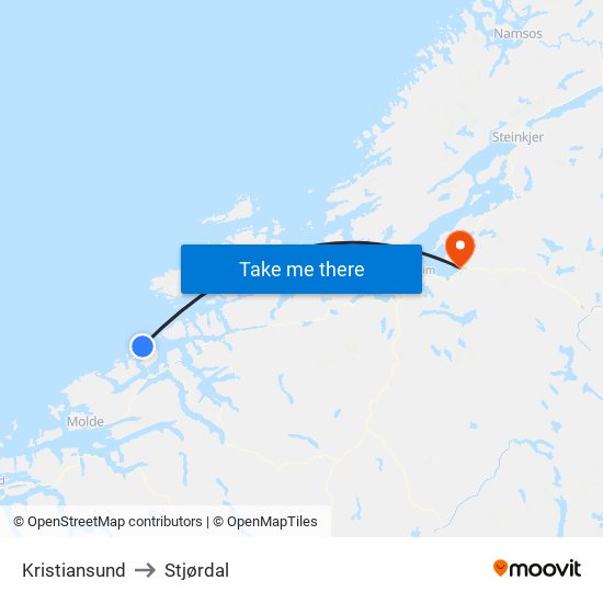 Kristiansund to Stjørdal map