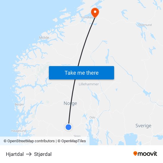 Hjartdal to Stjørdal map