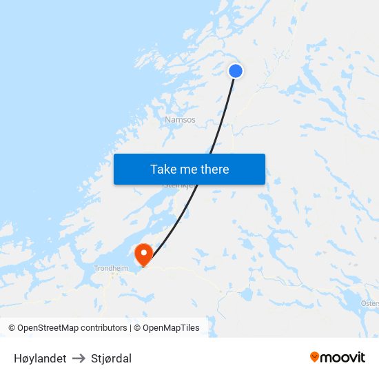 Høylandet to Stjørdal map