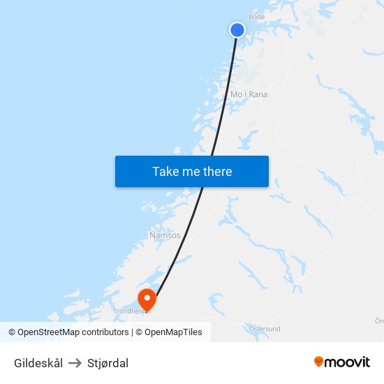 Gildeskål to Stjørdal map