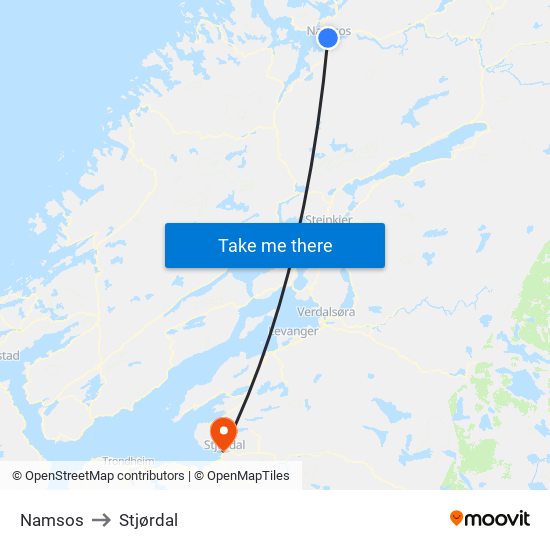 Namsos to Stjørdal map