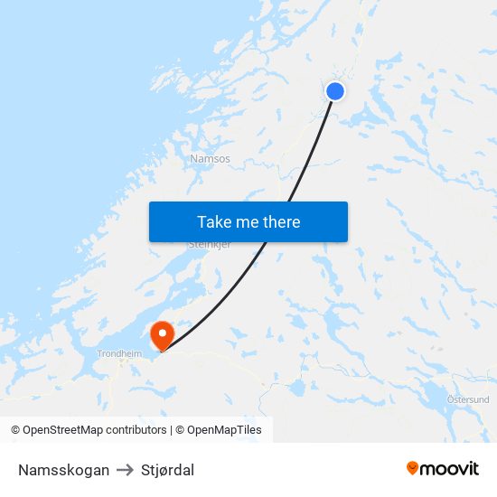 Namsskogan to Stjørdal map