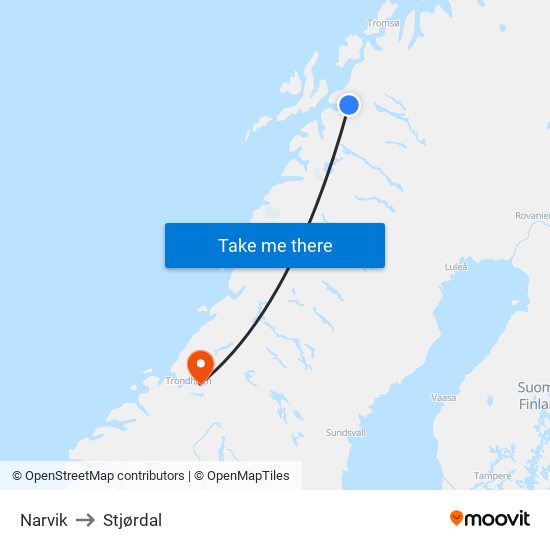 Narvik to Stjørdal map