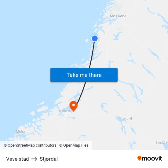 Vevelstad to Stjørdal map