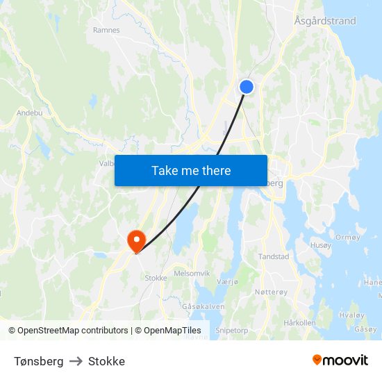 Tønsberg to Stokke map