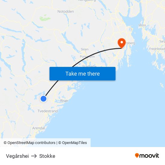 Vegårshei to Stokke map