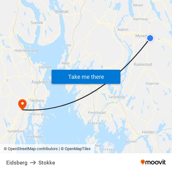 Eidsberg to Stokke map