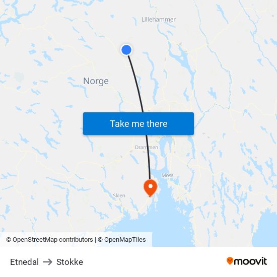 Etnedal to Stokke map