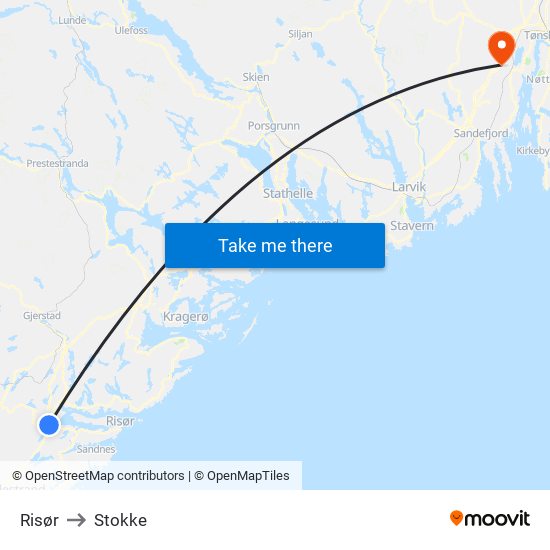 Risør to Stokke map