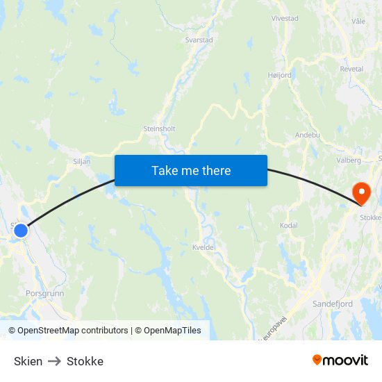 Skien to Stokke map