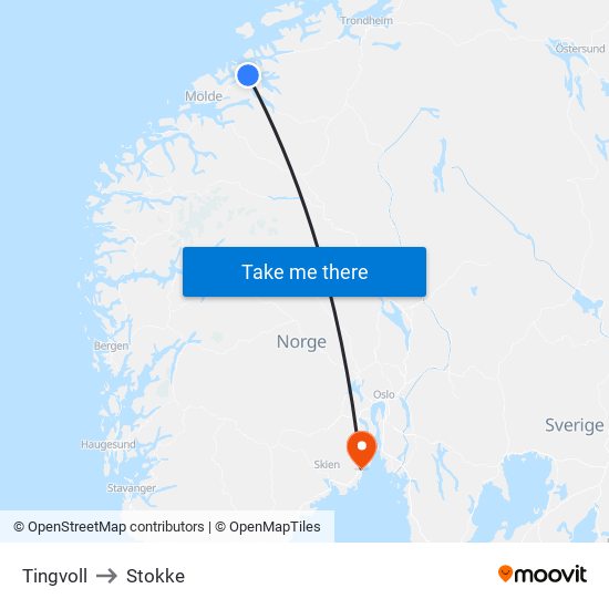Tingvoll to Stokke map