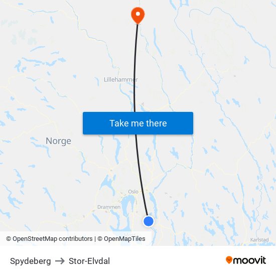 Spydeberg to Stor-Elvdal map