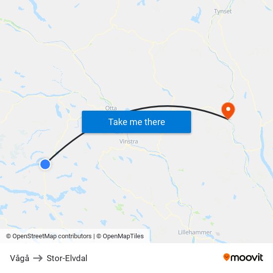 Vågå to Stor-Elvdal map