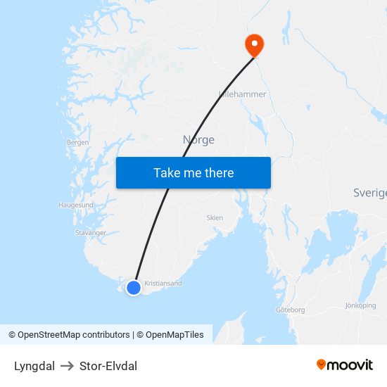 Lyngdal to Stor-Elvdal map