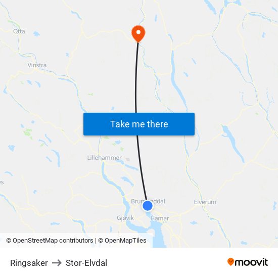 Ringsaker to Stor-Elvdal map