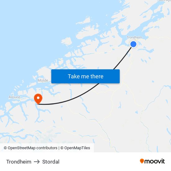 Trondheim to Stordal map