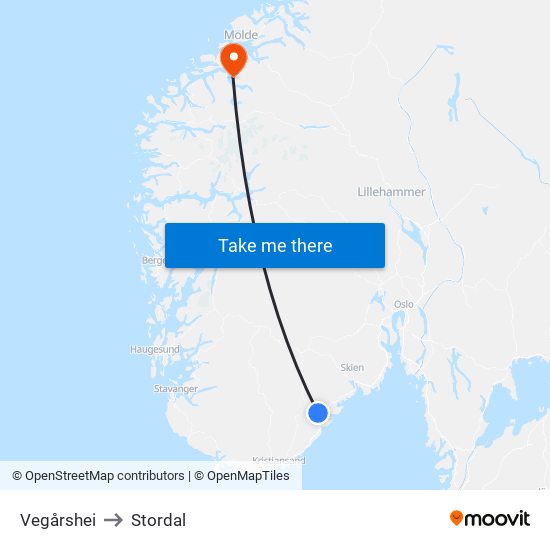 Vegårshei to Stordal map