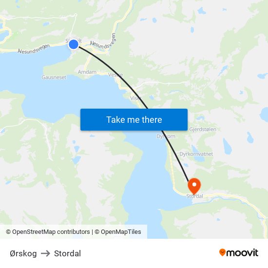 Ørskog to Stordal map