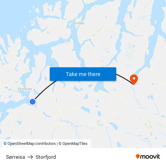Sørreisa to Storfjord map