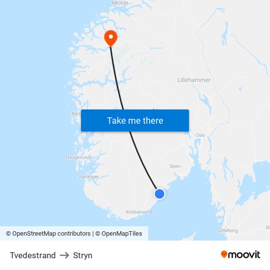 Tvedestrand to Stryn map