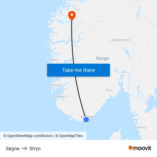 Søgne to Stryn map