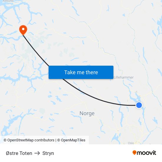 Østre Toten to Stryn map