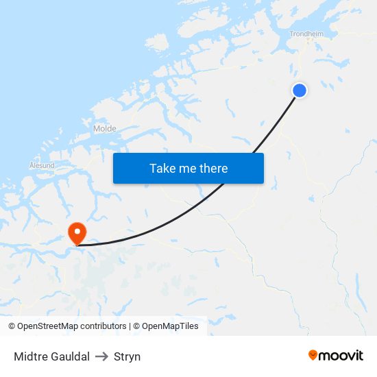 Midtre Gauldal to Stryn map