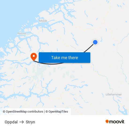 Oppdal to Stryn map